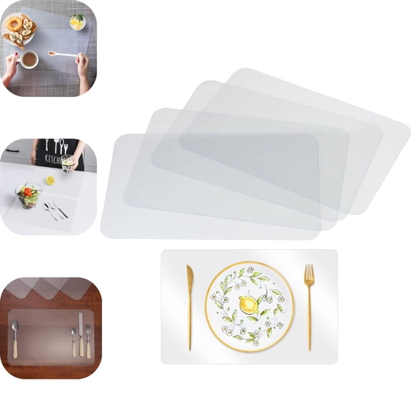 4 Pack Heat Resistant Clear Plastic Placemats, 17.7x11.8 Inch Vinyl Table Mats for Kitchen, Dining, Office & Shelves