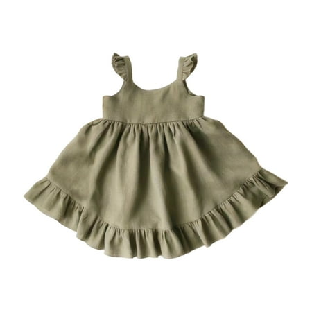 

ZRBYWB Toddler Girls Dress Fly Sleeve Linen Cotton Solid Print Crew Neck Wide Camisole Dress For 1 To 2 Years Baby Girl Clothes