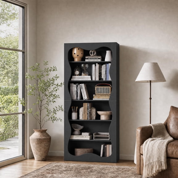 Tall 6-Tier Freestanding Wooden Bookshelf Bookcase - Open Storage & Display Shelves - Modern Wavy Scalloped Edge - for Home Office - Black