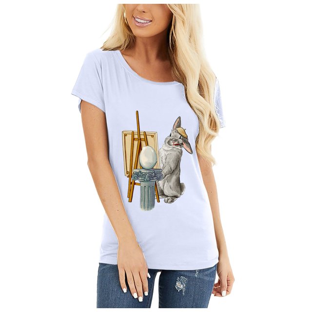 Hauts d'Été Grande Taille pour Femmes, T-shirt Imprimé Lapin Col Rond, Manches Courtes, Blouse Décontractée Ample, Col en V, en Solde