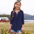 thumbnail image 2 of YunPes Girls 3/4 Sleeve Short Sleeve Shirts V Neck Girls Tee Teen Kids Casual Flowy Half Button Loose Blouse Summer Tops 3‐13 Years, 2 of 5
