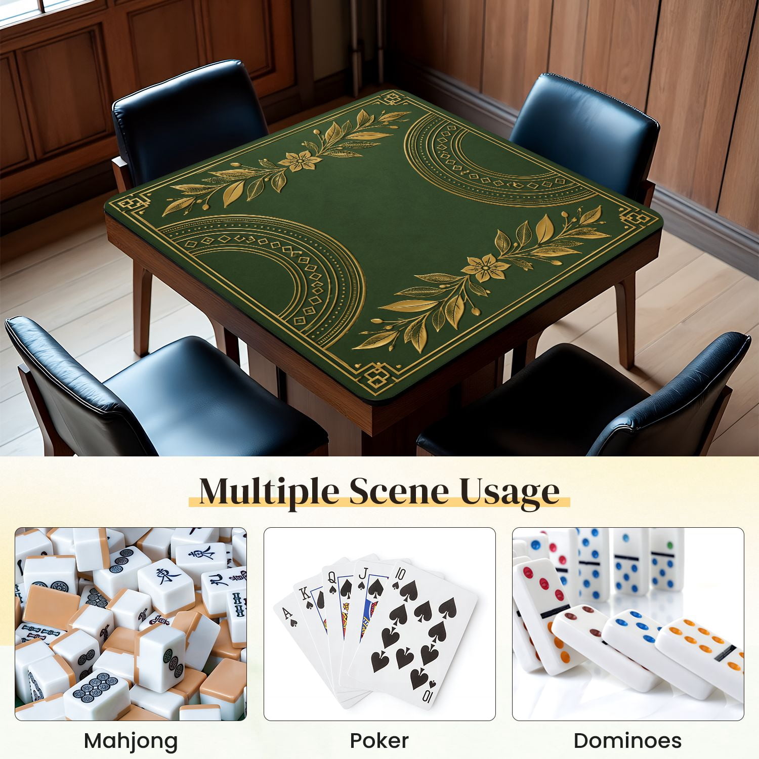 Mahjong Mat 31.5" x 31.5" Elegant Green Geometric Gold Lotus Circular Accents Non-Slip Noise Reduction Mahjong Tiles Table Cover for Dominoes Poker Card Board and Tile Games
