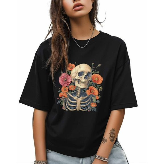 T Shirts for Women Short Sleeve Cotton Crewneck T-Shirt, Vintage Poppy Flower Skeleton Skull Tee Tops Casual Basic T-Shirts, XS-5XL Black M