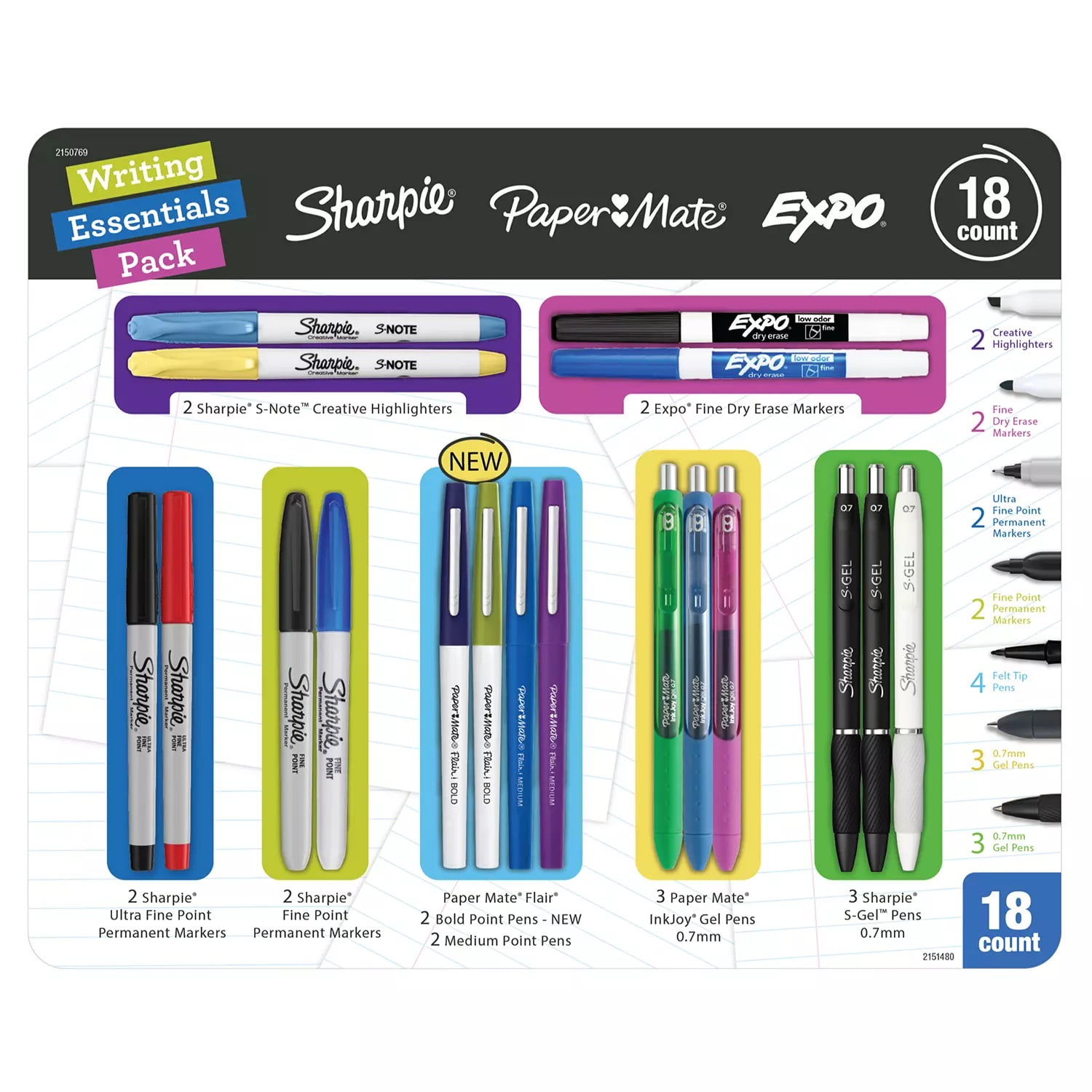 Sharpie Assorted Writing Essentials Pack, 18 Count
