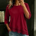 thumbnail image 2 of Lmueinov 3/4 Length Sleeve Womens Tops Crew Neck Lace Scalloped Hem Casual Shirts Solid Loose Fit Blouses Summer Fall Vacation Outfits, 2 of 7