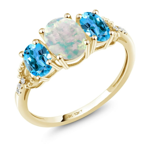 Gem Stone King 10K Yellow Gold 3-Stone Diamond Engagement Ring 2.12 Ct Oval Cabochon White Simulated Opal Swiss Blue Topaz (Size 7)