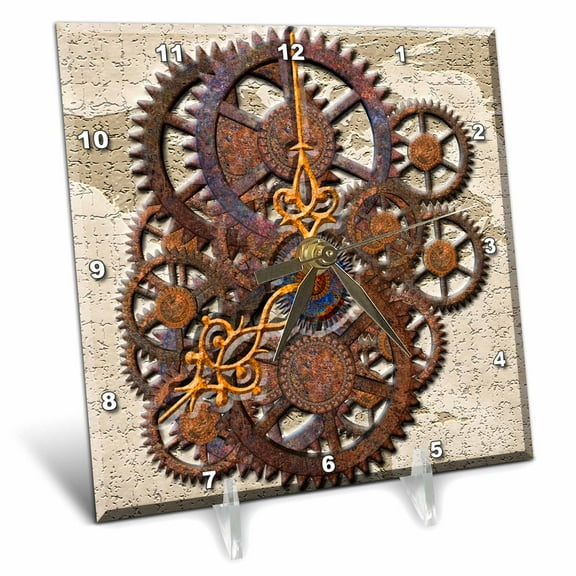 3dRose, Steam Punk cog wheels in Bronze , 6x6 Desk Clock