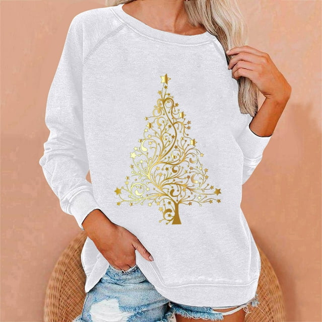 Jienlioq Haut de Noël pour Femmes Liquidation Haut Décontracté à Manches Longues Col Rond Blouse Ample Imprimé Graphique de Noël Cyberlundi
