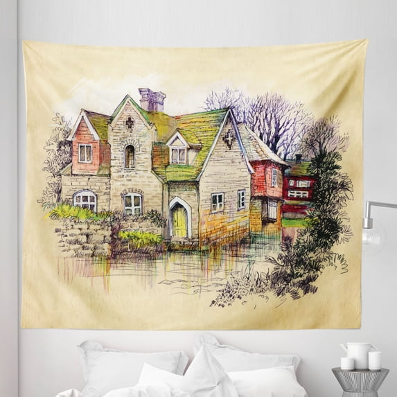 Watercolor Tapestry, Rural Countryside House and Autumn Leafless Trees Painting Art Print, Fabric Wall Hanging Decor for Bedroom Living Room Dorm, 5 Sizes, Camel and Multicolor, by Ambesonne