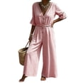 thumbnail image 2 of Wide Leg Pants Women's Fashion Solid V-Neck Short Sleeve Beach Vacation Pockets Button Long Jumpsuit Pink S, 2 of 6