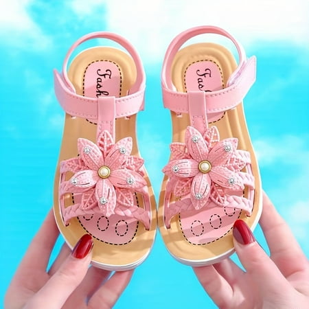 

Toddler Girls Trendy Open Toe T-strap Sandals With Flower Decor Children s Soft Sole Non-slip Flat Sandals With Hook And Loop Fastener