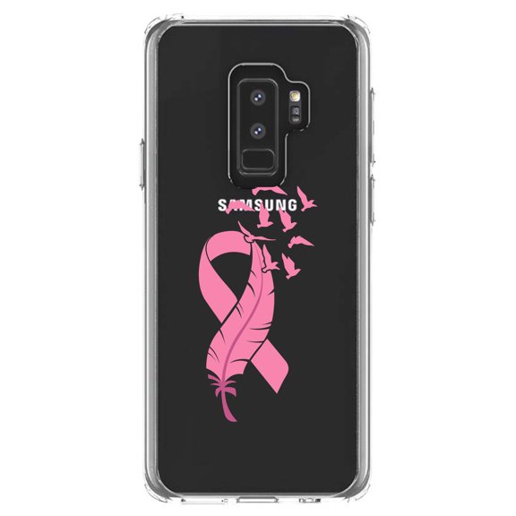 DistinctInk Clear Shockproof Hybrid Case for Samsung Galaxy S9  PLUS (6.2" Screen) - TPU Bumper Acrylic Back Tempered Glass Screen Protector - Pink Ribbon Cancer - Feather Birds