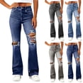 thumbnail image 2 of AHTJRT Women's Bell Bottom Jeans Fashion Streetwear Flared Ripped Cutout Denim Pants Stretchy Midweight Bootcut Jeans Dark Blue S, 2 of 6