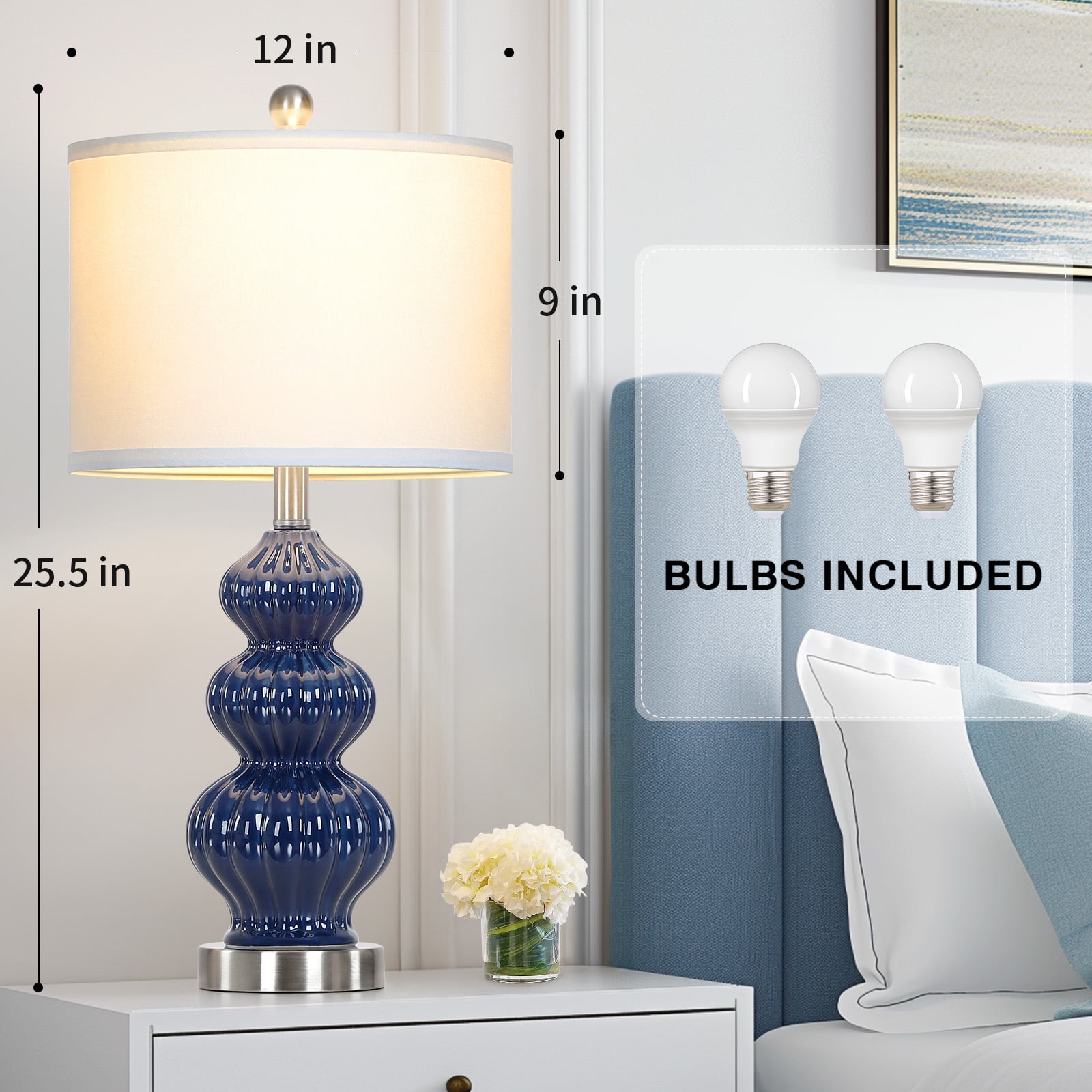 Cinkeda Triple Gourd Ceramic Table Lamps Set of 2 with USB A+C Ports & AC Outlet, Modern Blue, 2-Step Rotary Switch, 25.5" Height