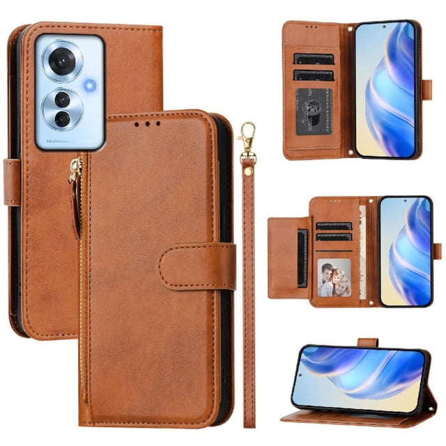 Filp Case for OPPO Reno 11F 5G Zipper Pocket Magnetic Flip Wallet Phone Case with 7 Card Slots and Wrist Strap