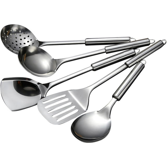 PinesC Ensemble d'Ustensiles de Cuisine 5 Pcs, Ensemble de Batterie de Cuisine en Acier Inoxydable, Gadgets de Cuisine Résistants à la Chaleur Incluent Cuillère à Soupe, Cuillère à Riz, Spatule Solide, Spatule Fendue et Passoire (Argent)