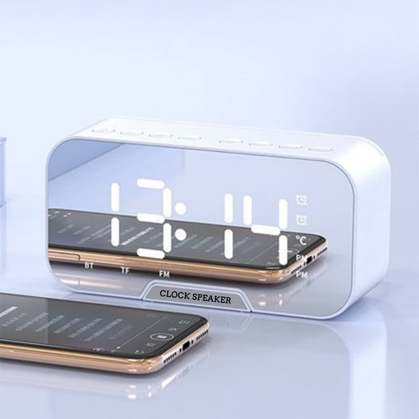 Altavoz Bluetooth, reloj digital con audio Bluetooth y despertador con alarmas, pantalla LED de espejo, Bluetooth V5.0, tarjeta TF y cable auxiliar.