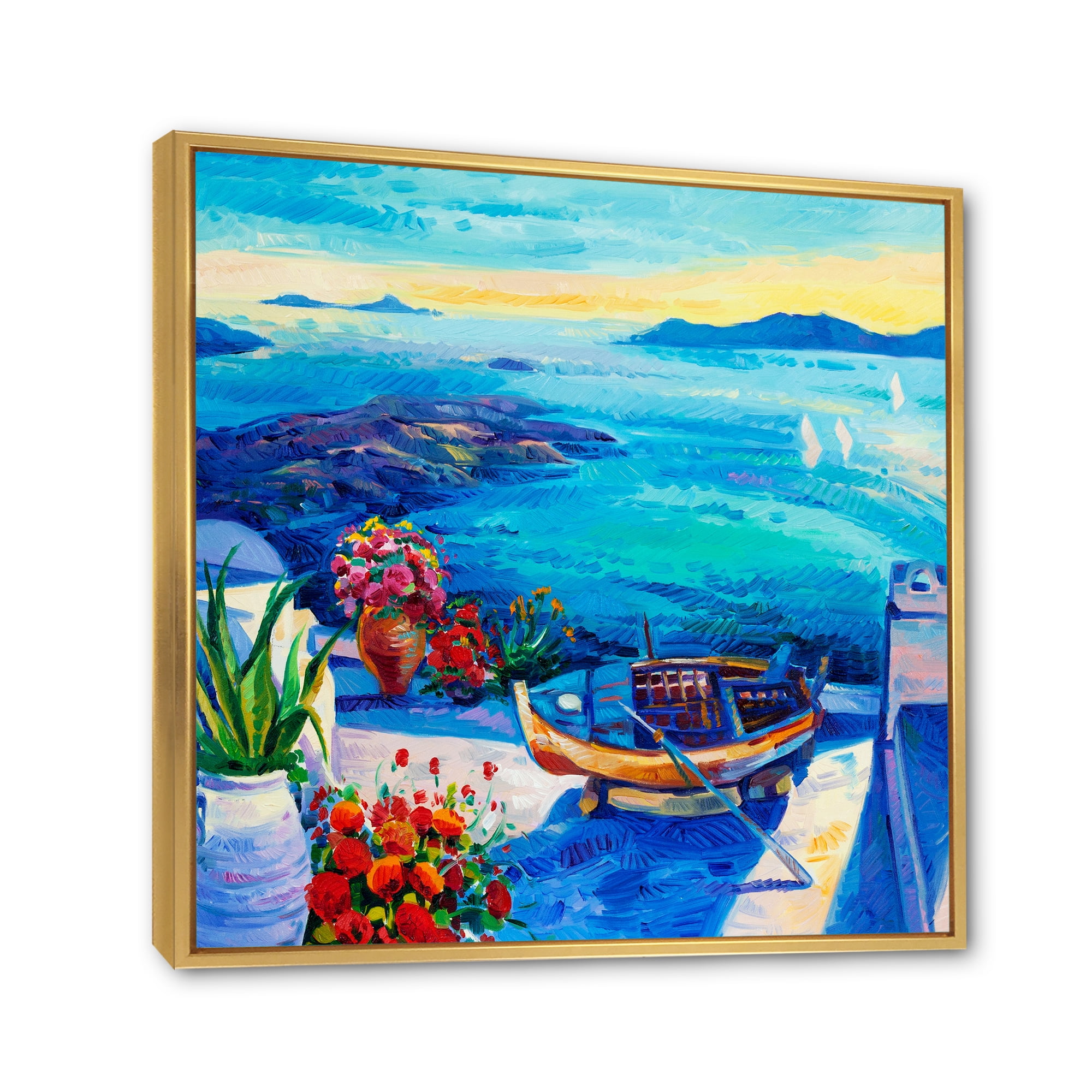 Little Red Flowers With Sea View 16 in x 16 in Framed Painting Canvas Art Print, by Designart