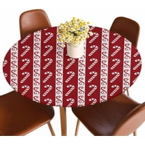 Candy Cane Round Fitted Tablecloth Merry Christmas Happy New Year Red Tablecloth Waterproof Oilcloth Table Cover for 40"-44"