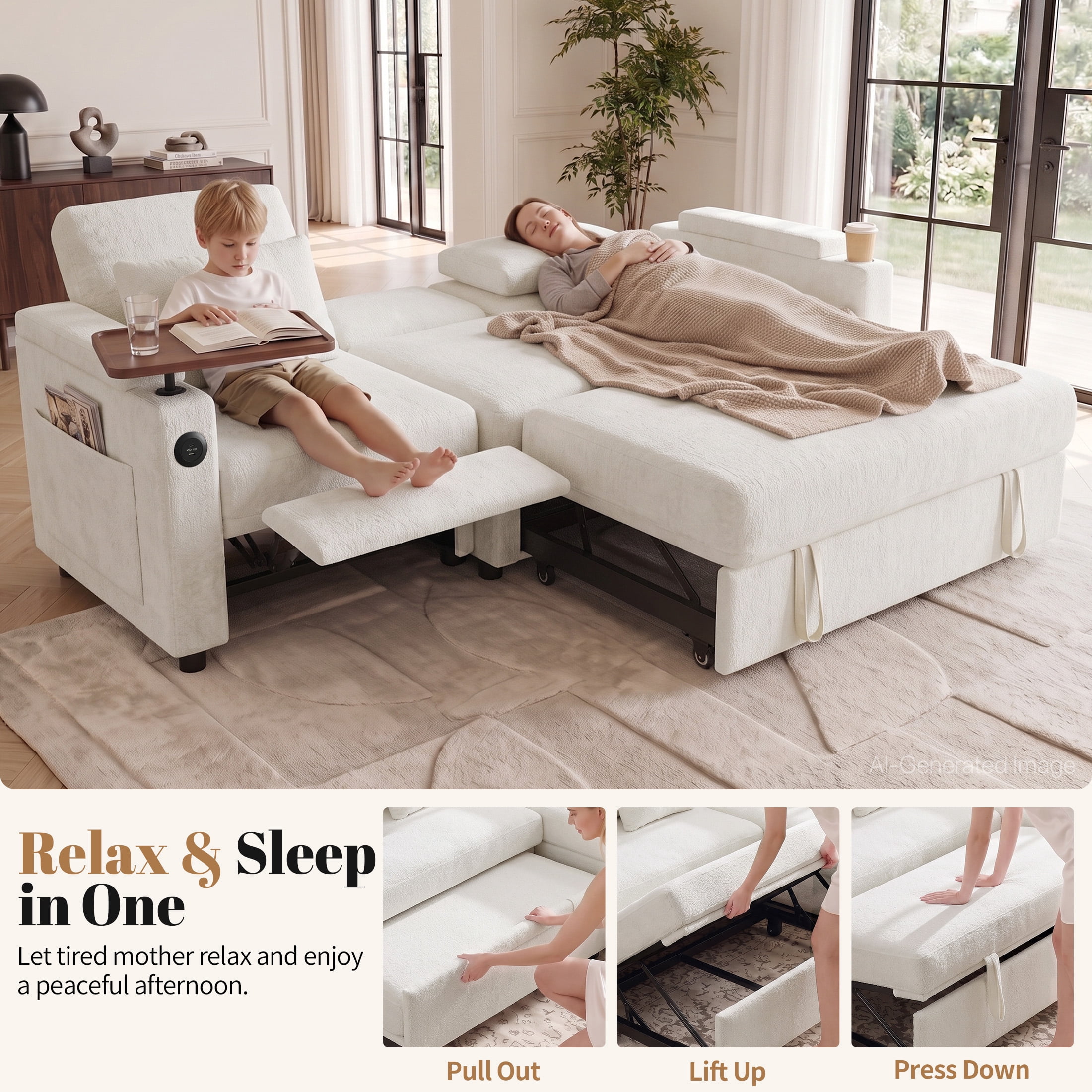 Aenkyo 81" 3-in-1 Convertible Sleeper Sofa with Pull Out Bed and Recliner, Adjustable Backrest, White