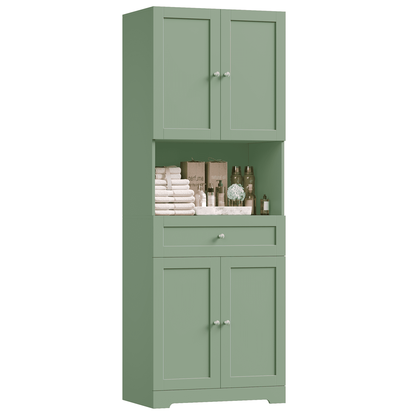 Homfa 67.5" Tall Modern Bathroom Storage Cabinet with Drawer, 4 Door Modern Freestanding Storage Cabinet Cupboard, Green