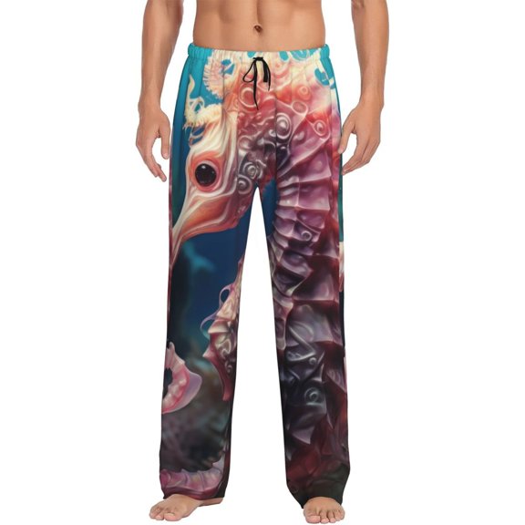 Gukieu Ocean Seahorse Print Men's Home Trousers, Elastic Drawstring Home Pajamas Clothing Suitable for Adult Men-Small