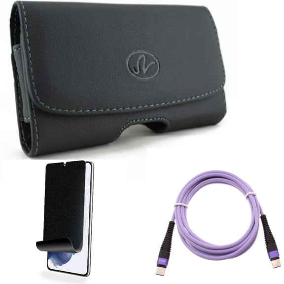 For Samsung Galaxy S21 (6.2") - [Fingerprint Works] TPU Film Privacy Screen Protector   Swivel Leather Case Belt Clip   Fast Charger Cord Type-C to USB-C Purple 10ft PD Cable
