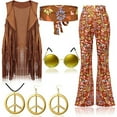 thumbnail image 2 of hcuribad 70s Retro Clothes,2024 Women's Hippie Party Vintage Costume Fringe Vest+Pants+Headband+Earrings+Glasses+Necklace 6-Piece Set,Hippie Outfit for Women,Hippie Accessories,Fringe Vest Khaki S, 2 of 9