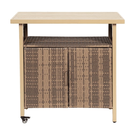Miekor Furniture Outdoor Wicker Bar Cart, Patio Wine Serving Cart w/Wheels, Rolling Rattan Beverage Bar Counter Table w/Glass Top for Porch Backyard Garden Poolside Party, Light brown 09996