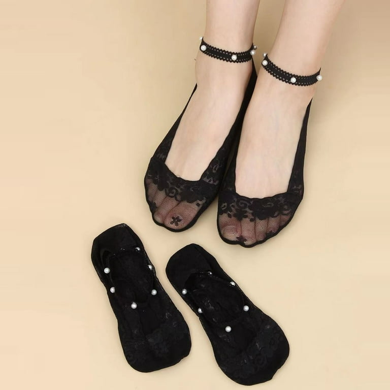 Puawkoer Women's Pearl Lace Socks Breathable Socks Ballerina Socks Non Slip Socks  Clothing Shoes & Accessories One Size Black 