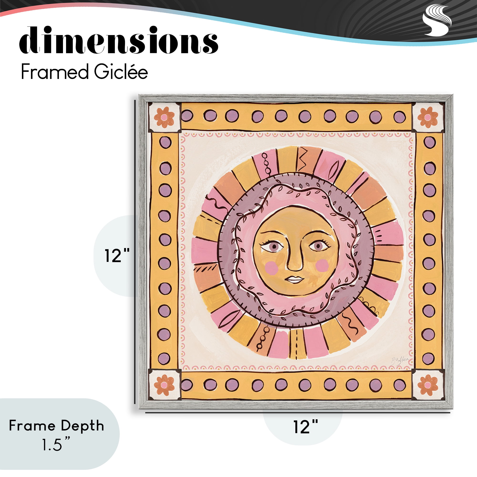 Stupell Industries Pastel Sun Face with Border Gray Framed Giclee Art, design by Two If By Sea Studios