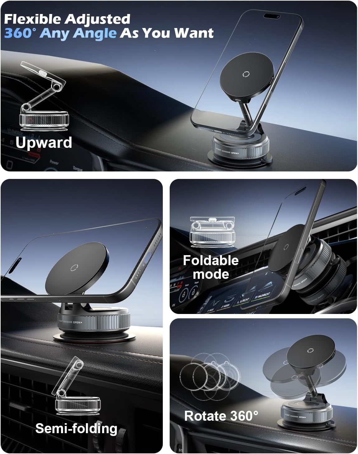 15W Fast Wireless Charger Car Phone Mount, Vacuum Suction Cup Magnetic Phone Holder Design for MagSafe iPhone 17/16/15/14/13/12, 360° Adjustable & Foldable Stand for Dashboard/Windshield