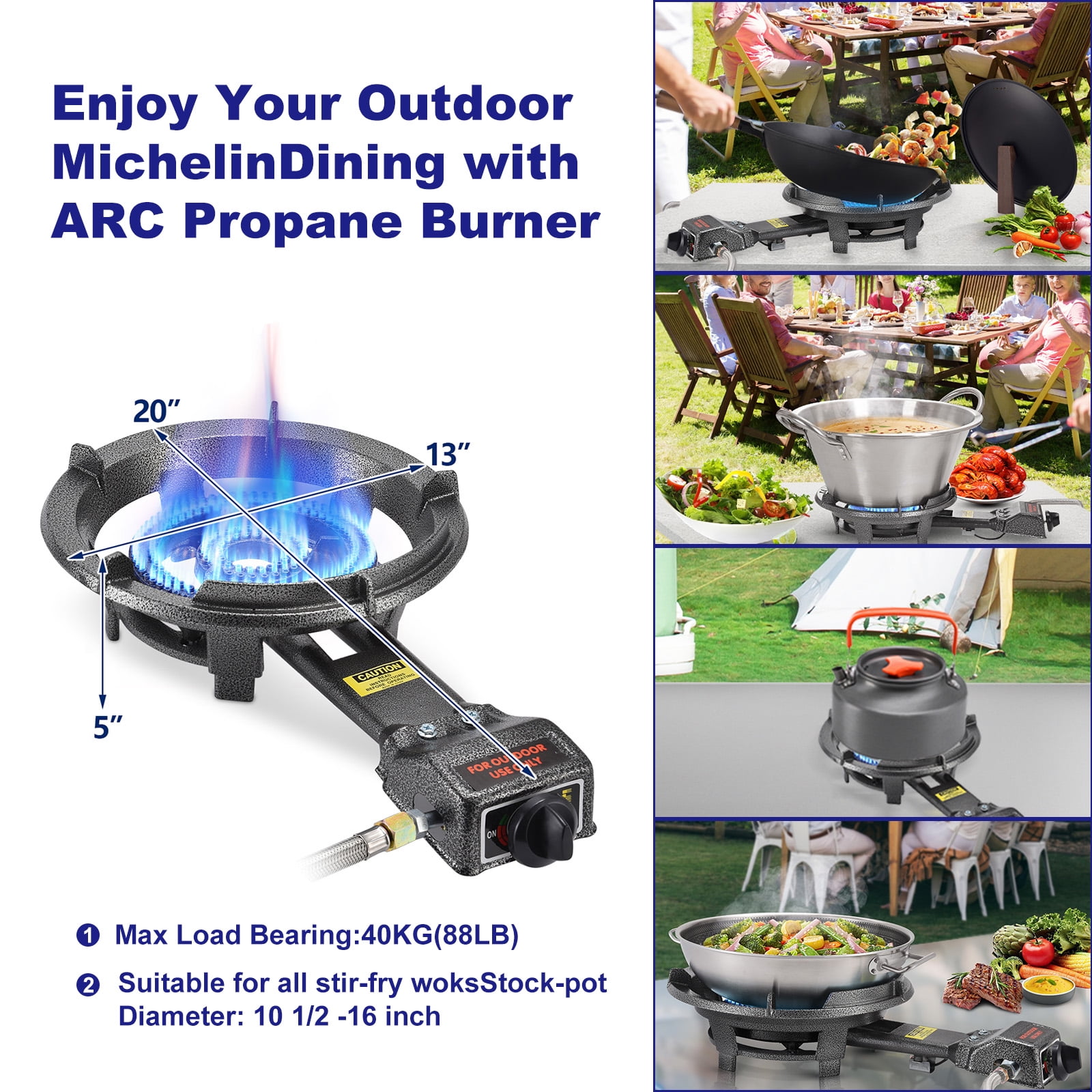 Outdoor Propane Burner Stove, 13"" Single Propane Burner and Carbon Steel Wok, Portable Propane Burner With Adjustable Regulator And Stainless Steel Hose, Great For Outdoor Wok Burner, Black