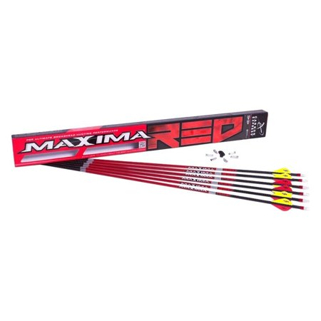 UPC: 0044734507534 | Carbon Express Maxima Red Size 250  6-Pack Fletched Arrow Shafts – 50753