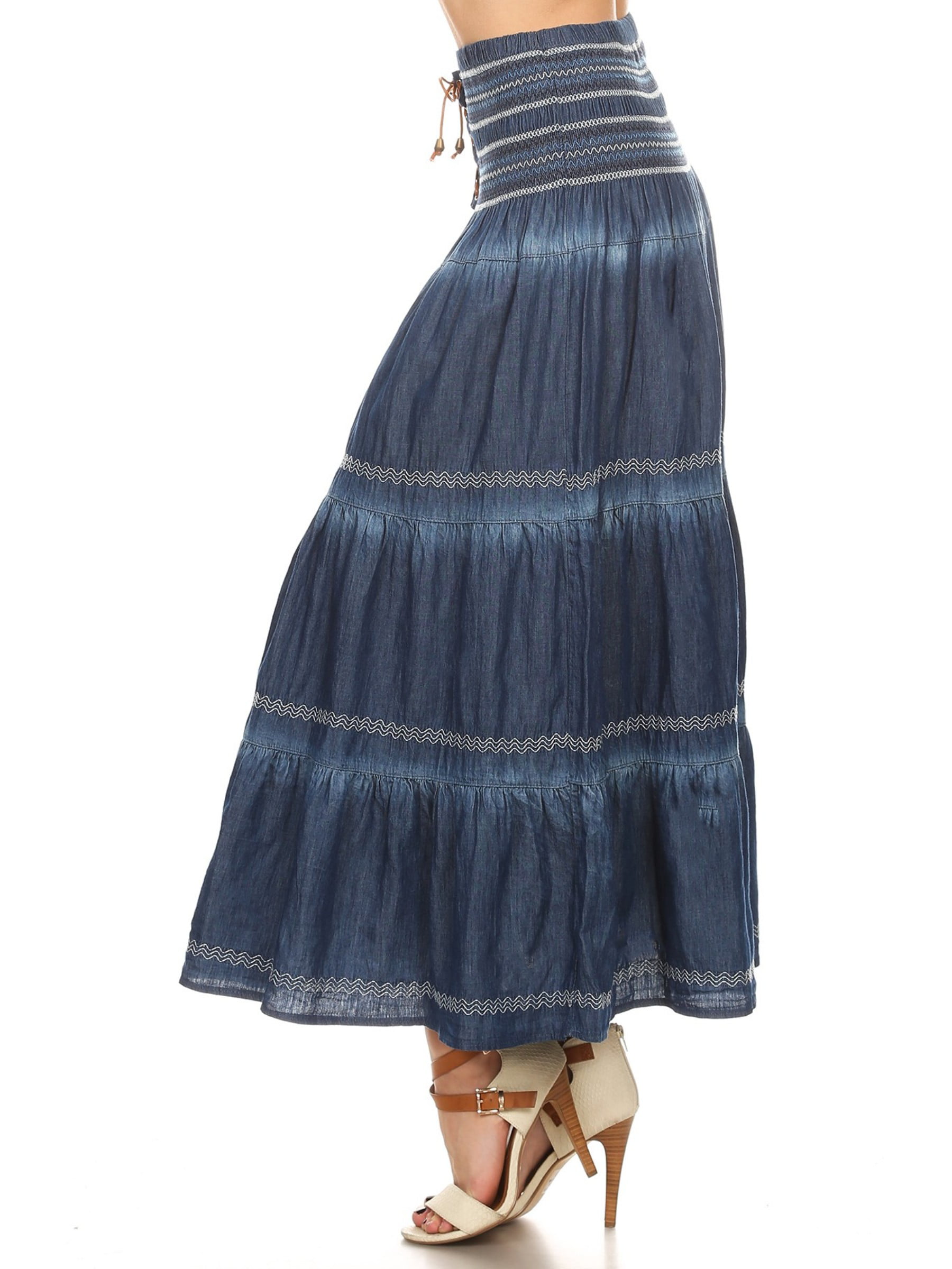 Fit and Flare Tiered Layers Denim Skirt or Midi Dress with Corset like