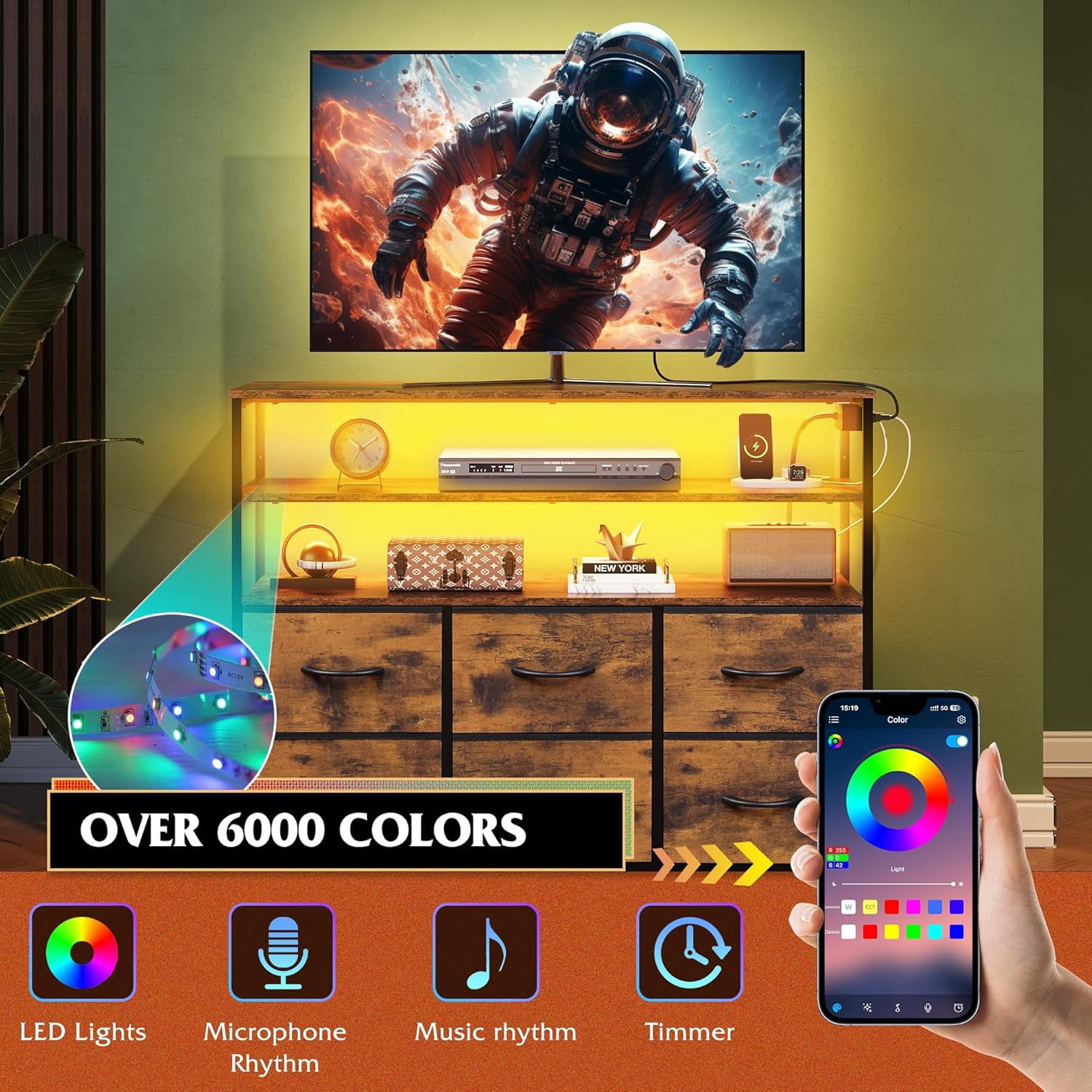 MCQ 39-inch TV Stand for up to 45 inch TVs, Entertainment Center with RGB LED Lights & Charging Station, Media Console with 6 Fabric Drawers, Black
