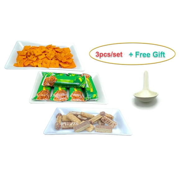 Holiday Melamine Tidbit Serving Trays for Sushi, Cake Slice, Tarts, Pies, Cream Puffs Rectangular with Modern Attractive Designs 9" x 6" each 3pcs/set (White)