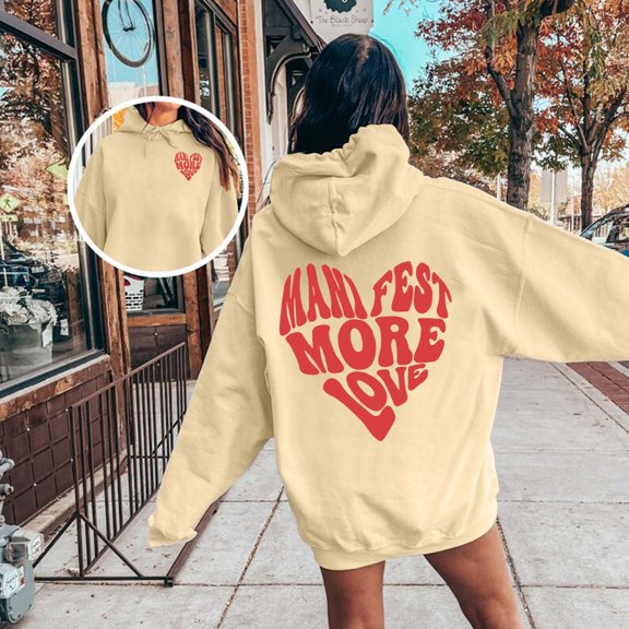 Valentines Hoodies For Women Heart Print Loose Fashion Casual Long Sleeve Sweatshirts Y2K Outfits Fall Winter Pullover Loungewear Tops Beige L