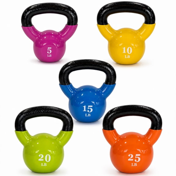 Fitvids Vinyl-Coated Iron Kettlebell Exercise Weights, Set of 5, 10, 15, 20, and 25 lb