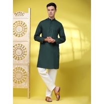 SKAVIJ Men's Handloom Cotton Henley Shirts Long Sleeve Mandarin Collar Longline Yoga Shirts with Pant Summer Outfit (Large,Green)