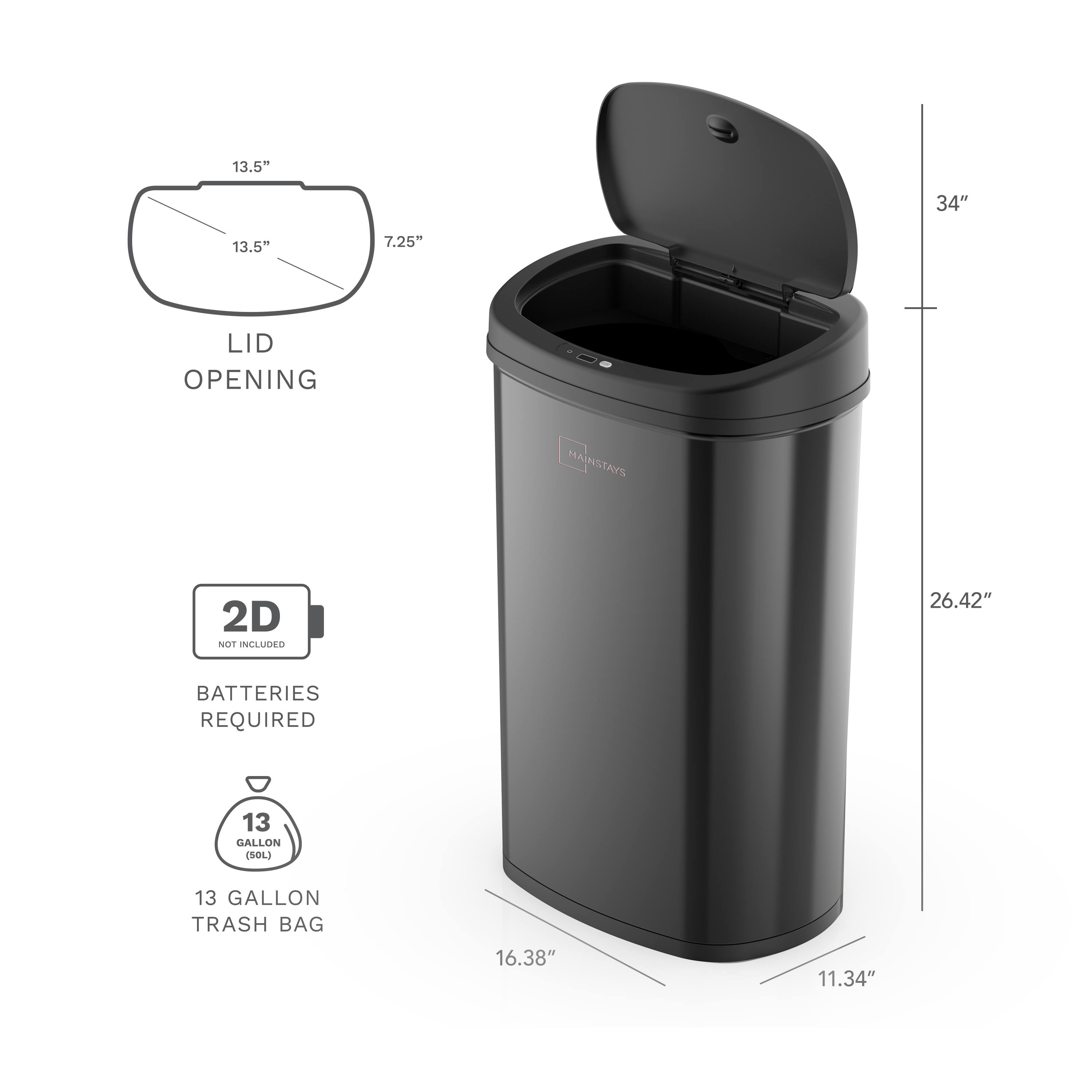Mainstays 13.2 gal /50 L Motion Sensor Kitchen Garbage Can, Black Stainless Steel - image 3 of 12