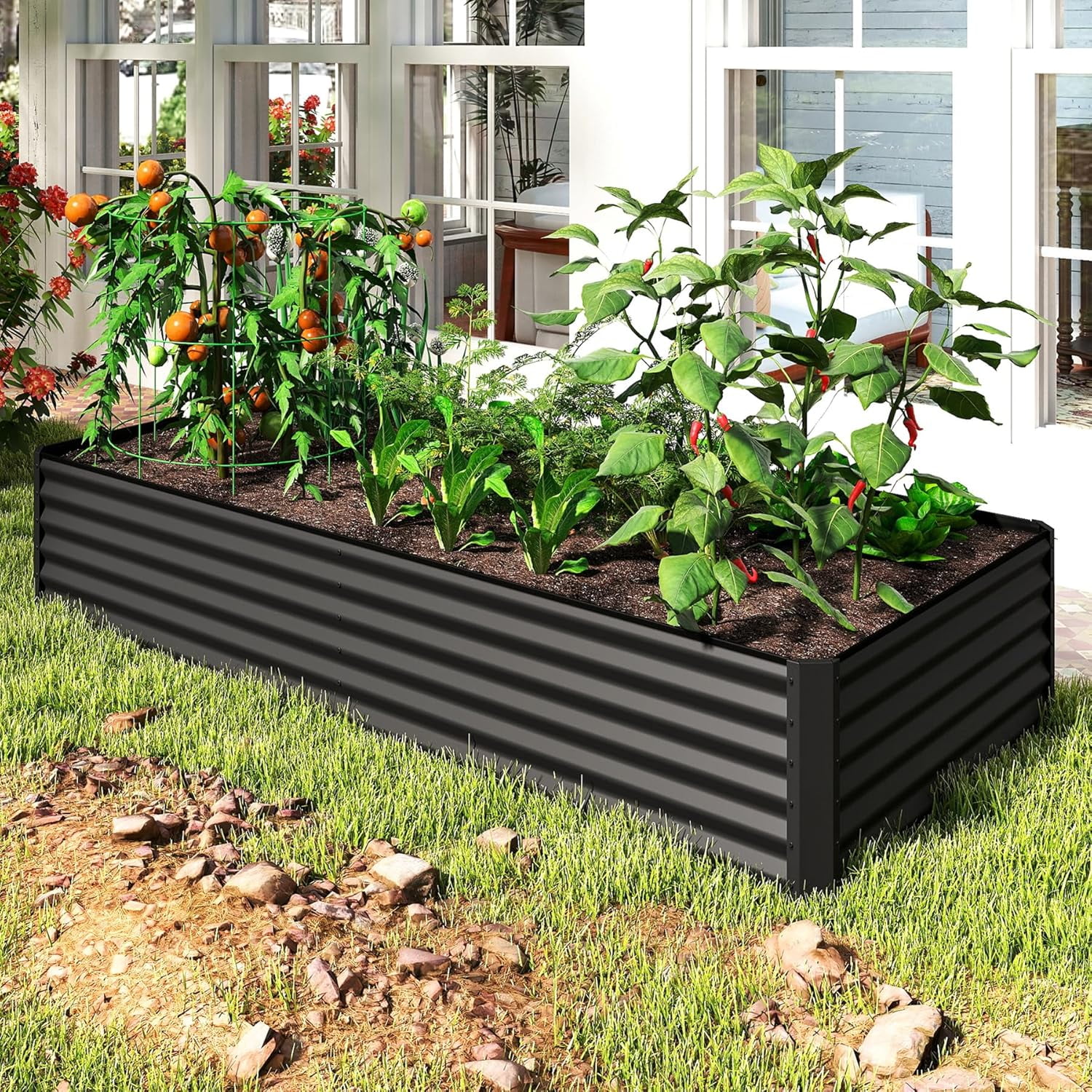 AsterOutdoor Galvanized Raised Garden Bed, Large Outdoor Metal Planter Box for Vegetables, Fruits & Flowers, Dark Grey 8x4x1.5 Ft