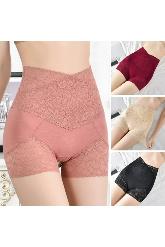 Women Safety Shorts Stretchy Body Shaping High Waist Flower Lace Briefs Intimacy Clothes ,Apricot L