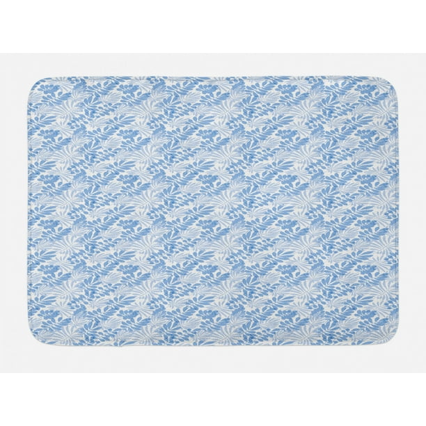Blue and White Bath Mat, Tender Tropical Design in Blue Shades Exotic