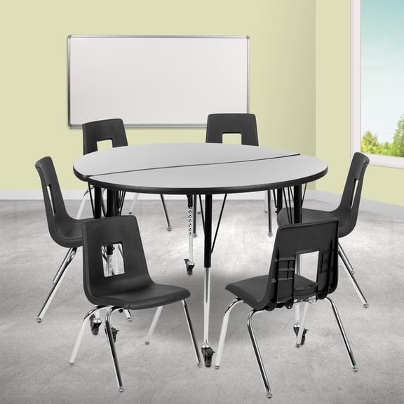 BizChair Mobile 47.5" Circle Wave Flexible Laminate Activity Table Set with 18" Student Stack Chairs, Grey/Black
