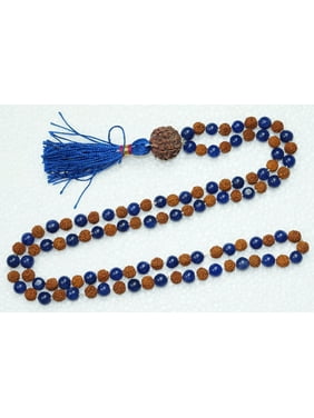 Mogul Blue Agate Tibet Buddhist Prayer Necklace 108 knotted Mala Beads japa Rudraksha