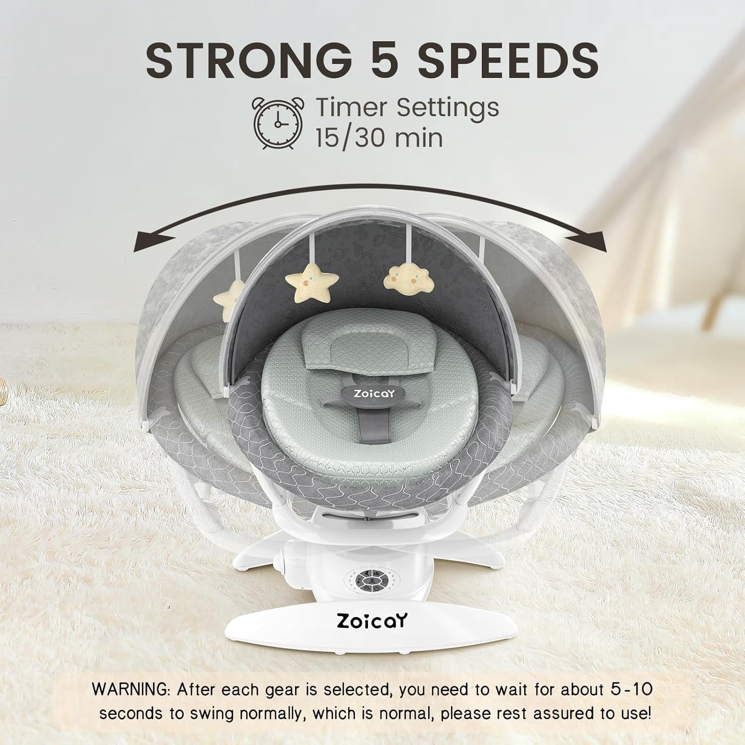 Zoicay 3-in-1 Portable Foldable Baby Swing Bouncer Rocker, Newborn Infant Rocking Seat with Remote Control, 5 Swing Speeds, 3 Music Modes, Bluetooth & Built-in Soothing Music, Easy Storage, Gray