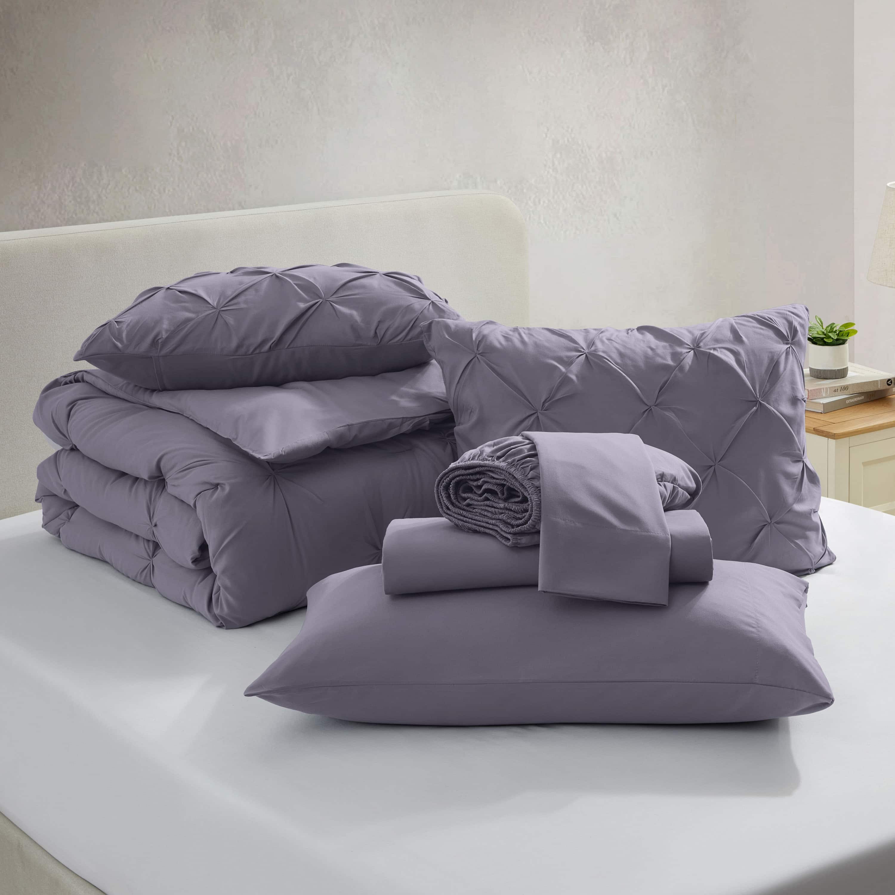 LammaLoe Twin Comforter Sets, 5 Piece Bed In A Bag Pintuck Bedding Sets, Grayish Purple