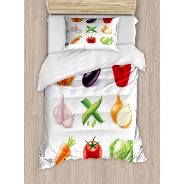Vegetable Twin Size Duvet Cover Set, Vegan Menu Pumpkin Eggplant Pepper