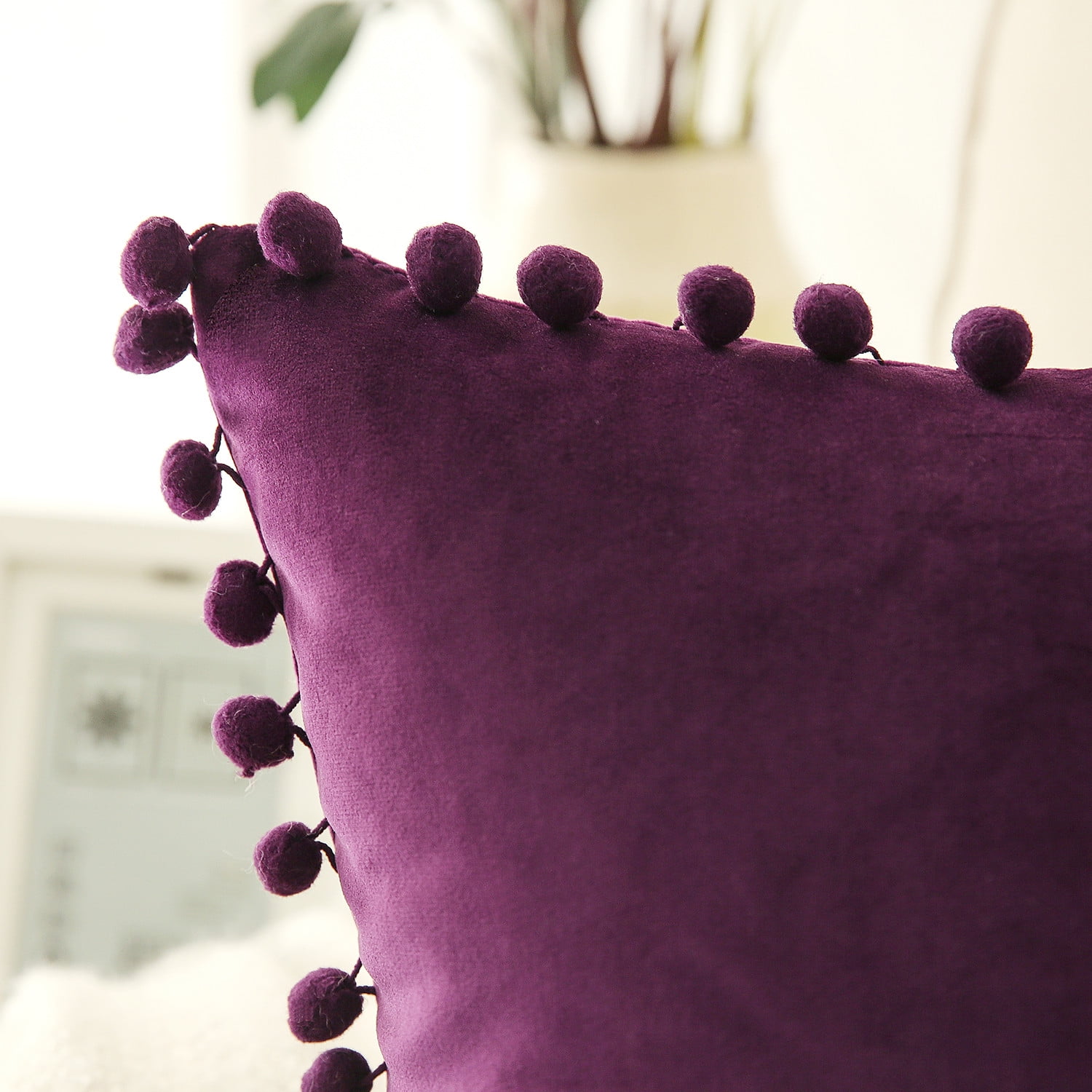 Phantoscope Pom Pom Velvet Series Decorative Throw Pillow, 18" x 18", Dark Purple, 2 Pack
